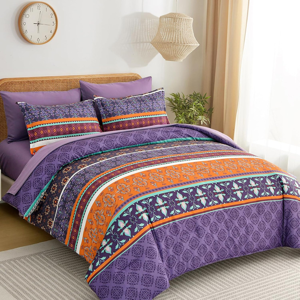 Boho Comforter Set King Size,7 Pieces Bohemian Striped Bedding Comforter Set Bed