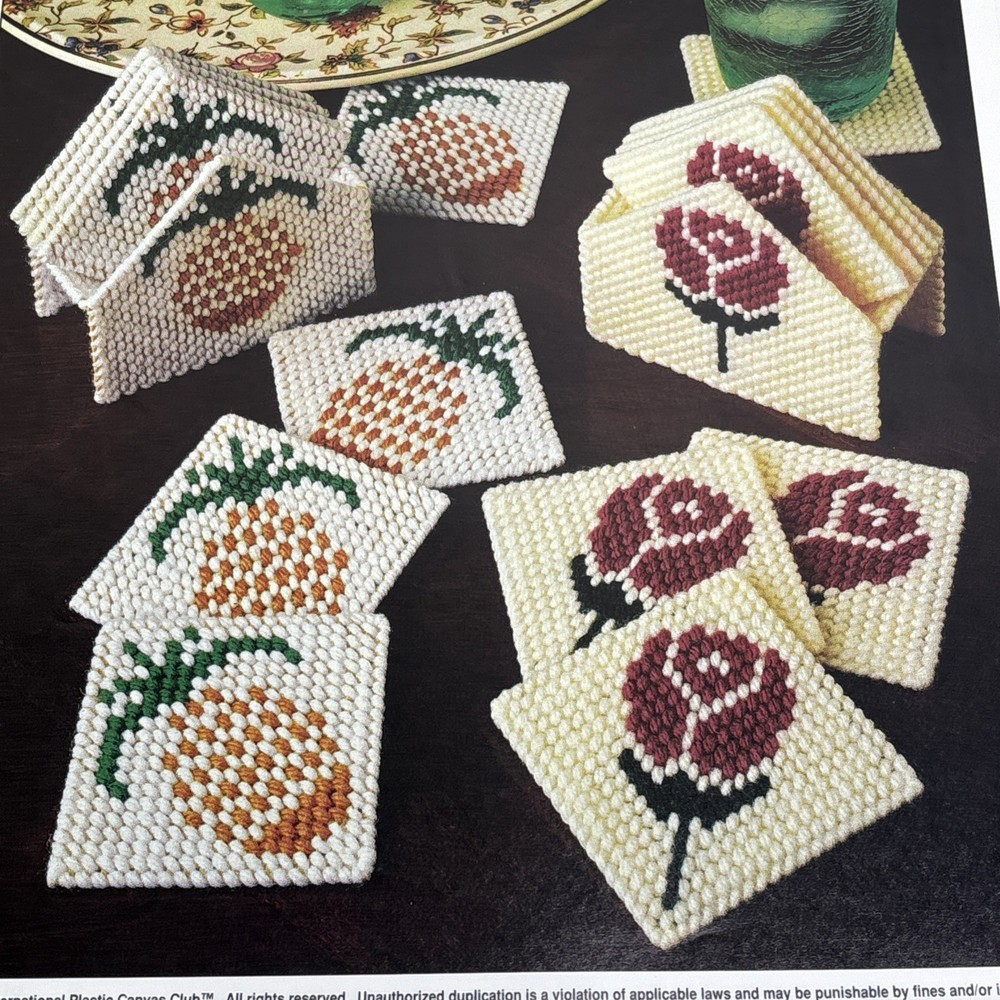 Coaster Sets Rose & Pineapple Annie's Attic Plastic Canvas Pattern Page