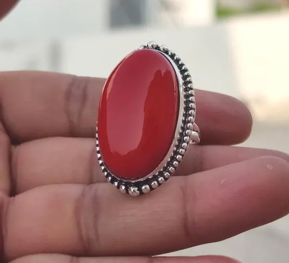Solid 925 Sterling Silver Red Coral Large Oval Gemstone Statement Handmade Ring