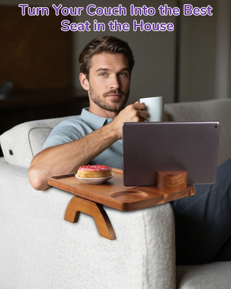Couch Arm Tray Table with Cup Holder & Adjustable Phone Stand – Foldable A