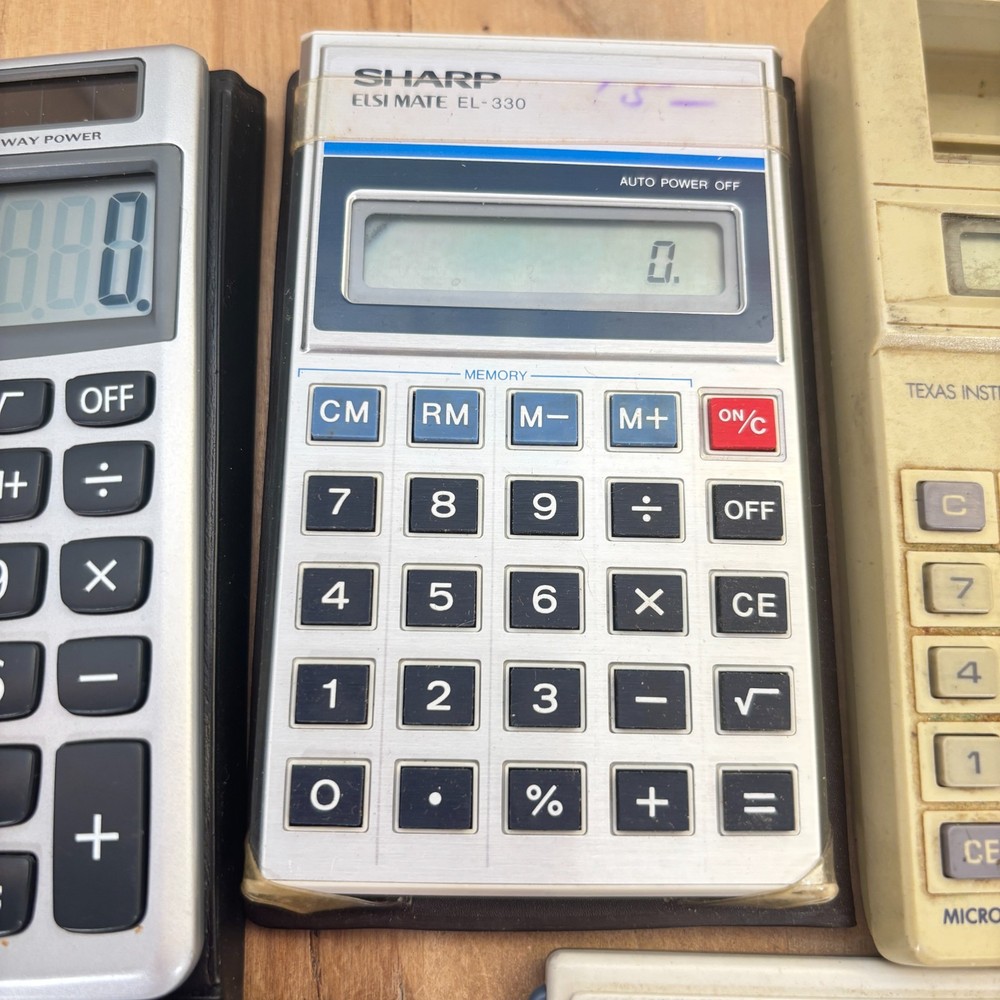 Lot 5 Vtg Calculators, Texas Instruments, Casio, Sharp, Caliber