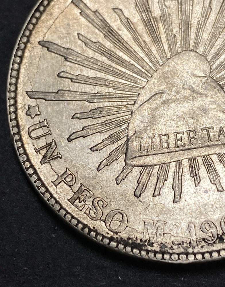 1901 Mexico Silver Peso Obverse & Reverse Lamination Left Extra Leaf Mint Error