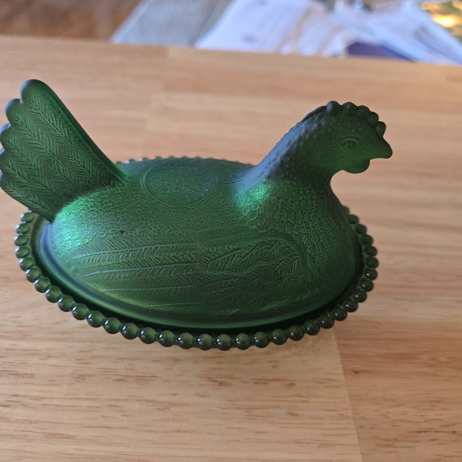 Dark Green Satin Hen on a Nest Measures 5.5 Inches Long