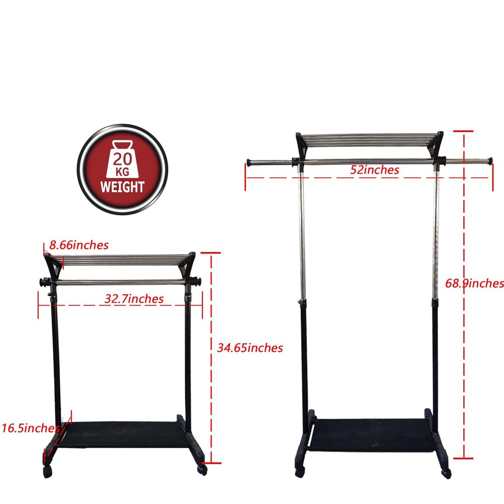 Clothes Rack on Wheels with Extra Top Storage Shelf, Expandable Rolling Garme...