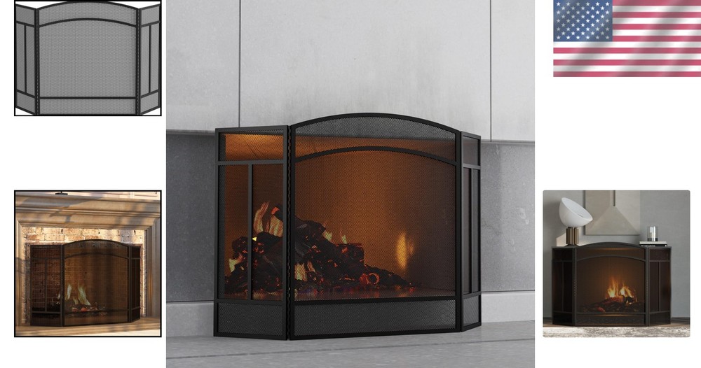 Durable Wrought Iron Fireplace Screen - 3 Panels, Foldable with Arched Top