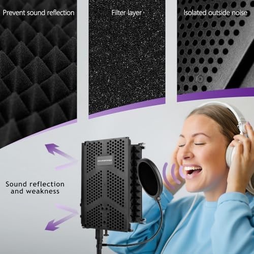 3-Panel Microphone Isolation Shield with Stand & Pop Filter - Soundproof Foam fo