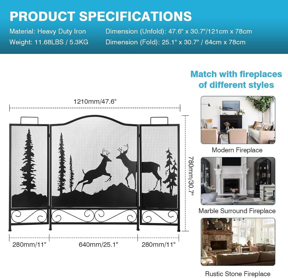 3 Panel Fireplace Screen with Deer Pattern,47.6” x 30.7” Large Folding Firepla..