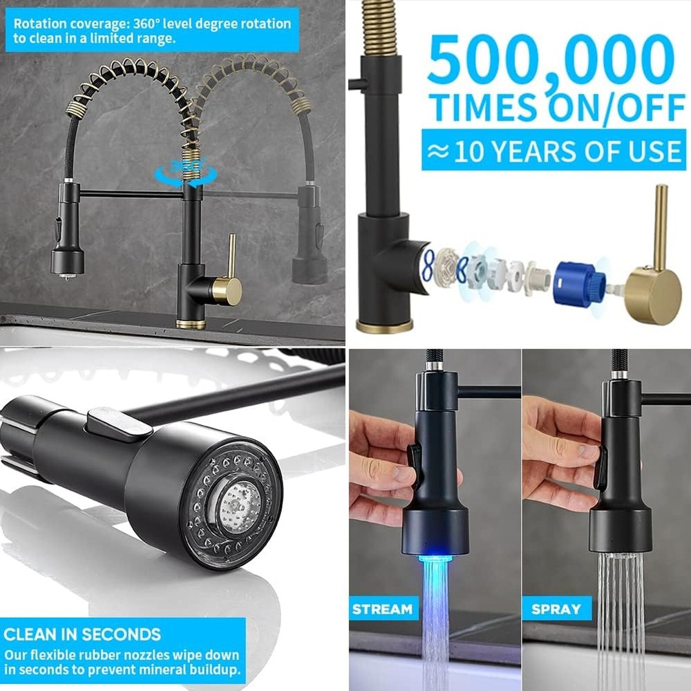 Black Gold LED Kitchen Faucet with Sprayer Single Handle Pull Down Sink Mixer