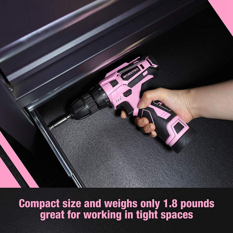 WORKPRO Pink Cordless Drill Driver Set, 12V Electric Screwdriver Driver Tool Kit