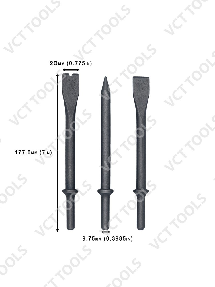 3pc 7" Air Chisel Set | Bolt Cutter, Flat & Tapered Bits | Pneumatic Tool Ki