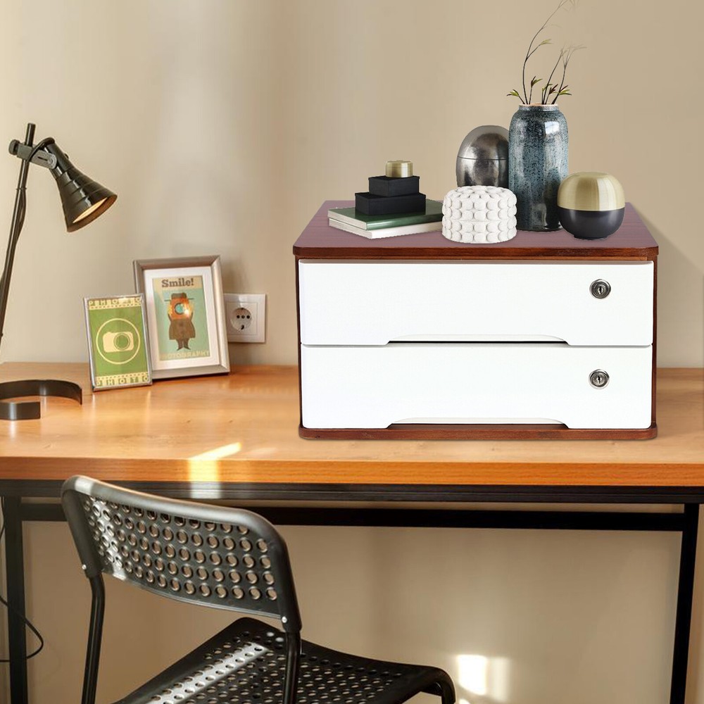 Wooden Desk Organizer with Lockable Drawer - 2-Tier Storage Solution