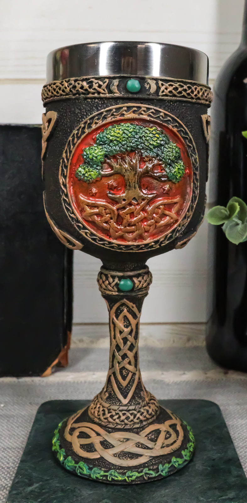 Tree of Life Wine Goblet Made of Polyresin With Stainless Steel Rim 6.75"H