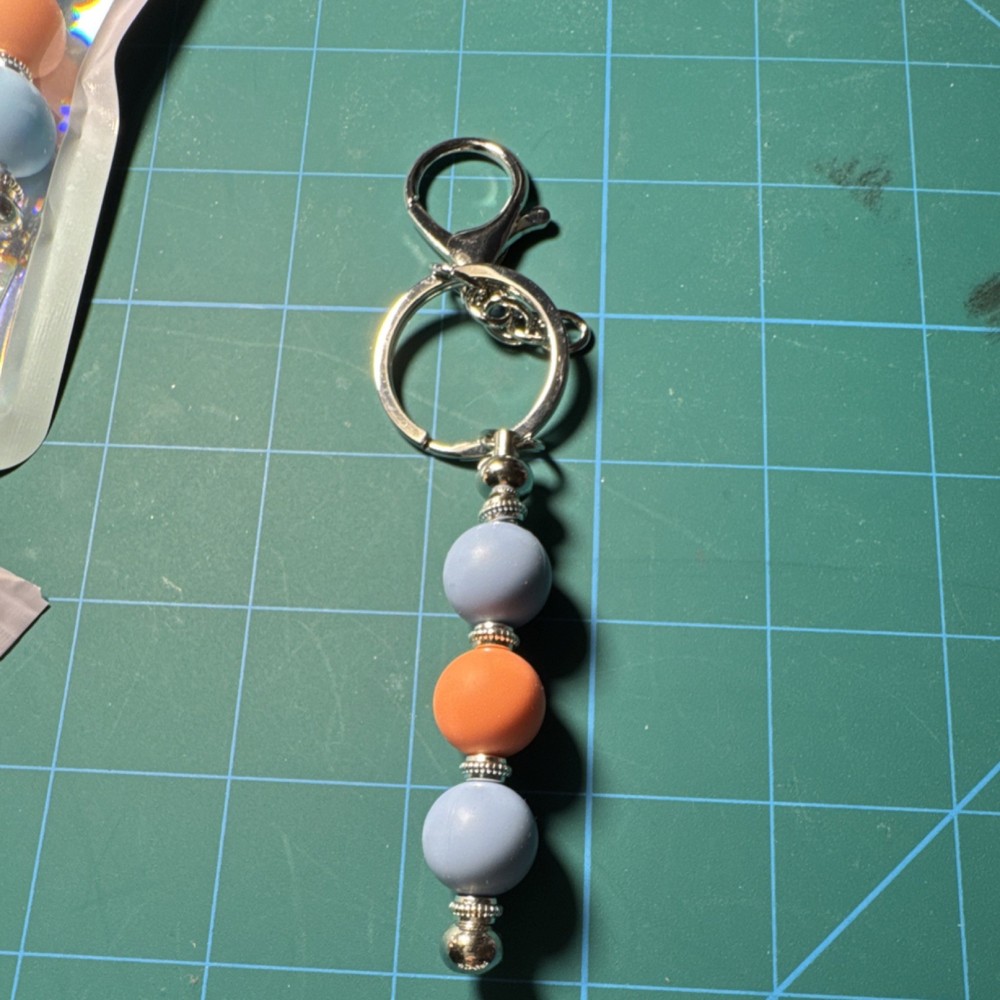 Handmade Beaded Keychain Blue Orange Beads Silver Hardware