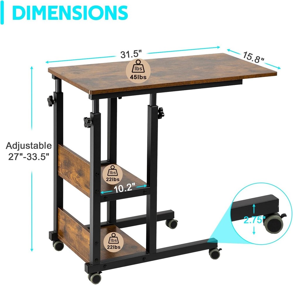 Hadulcet C Shaped Side Table Adjustable, Height Adjustable C Romantic Brown