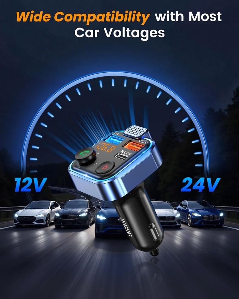 FM Transmitter in-Car Adapter, Type-C PD 20W+ QC3.0 Fast USB Charger, Wireles...