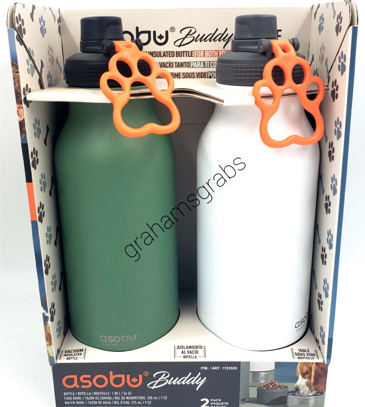ASOBU BUDDY VACUUM INSULATED 34 oz WATER BOTTLE + DOG FOOD & WATER BOWL 2 PACK