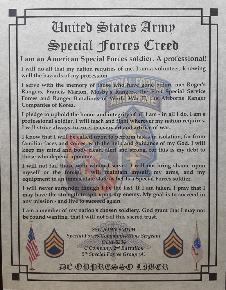 MC-NICE: Army Special Forces Creed PERSONALIZED *ALL GROUPS AVAILABLE*