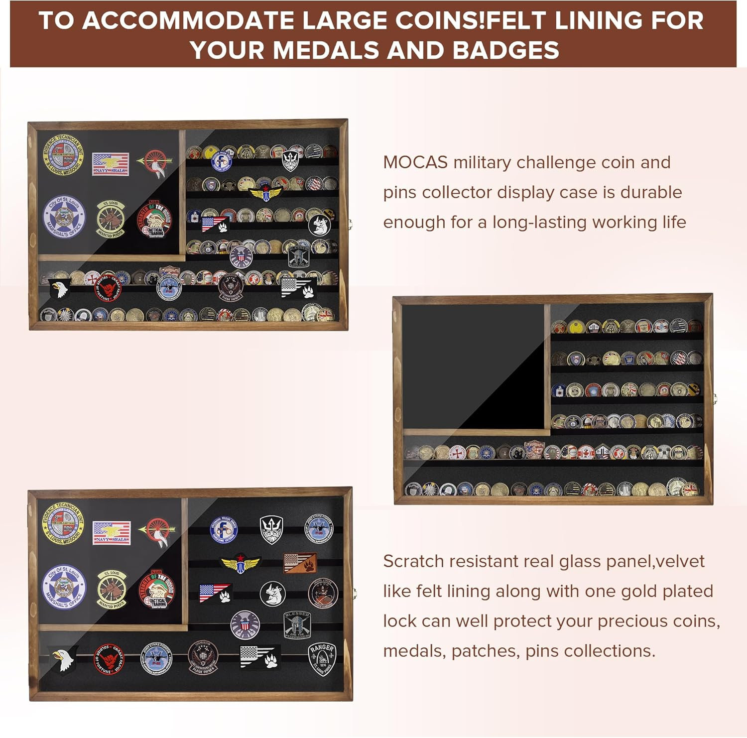 Challenge Coin Display Case, 27.6"X 18.1"Lockable Military Coin Holder with Remo