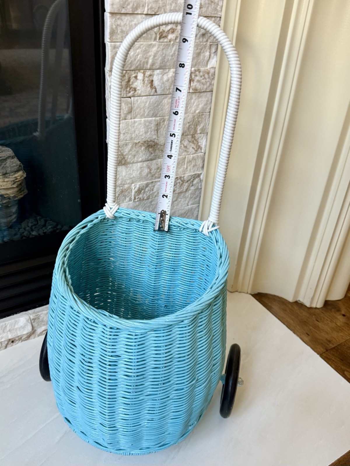 Antropologie Olli Ella Blue Rattan Luggy Cart Trolly Children Kids Wheel Basket