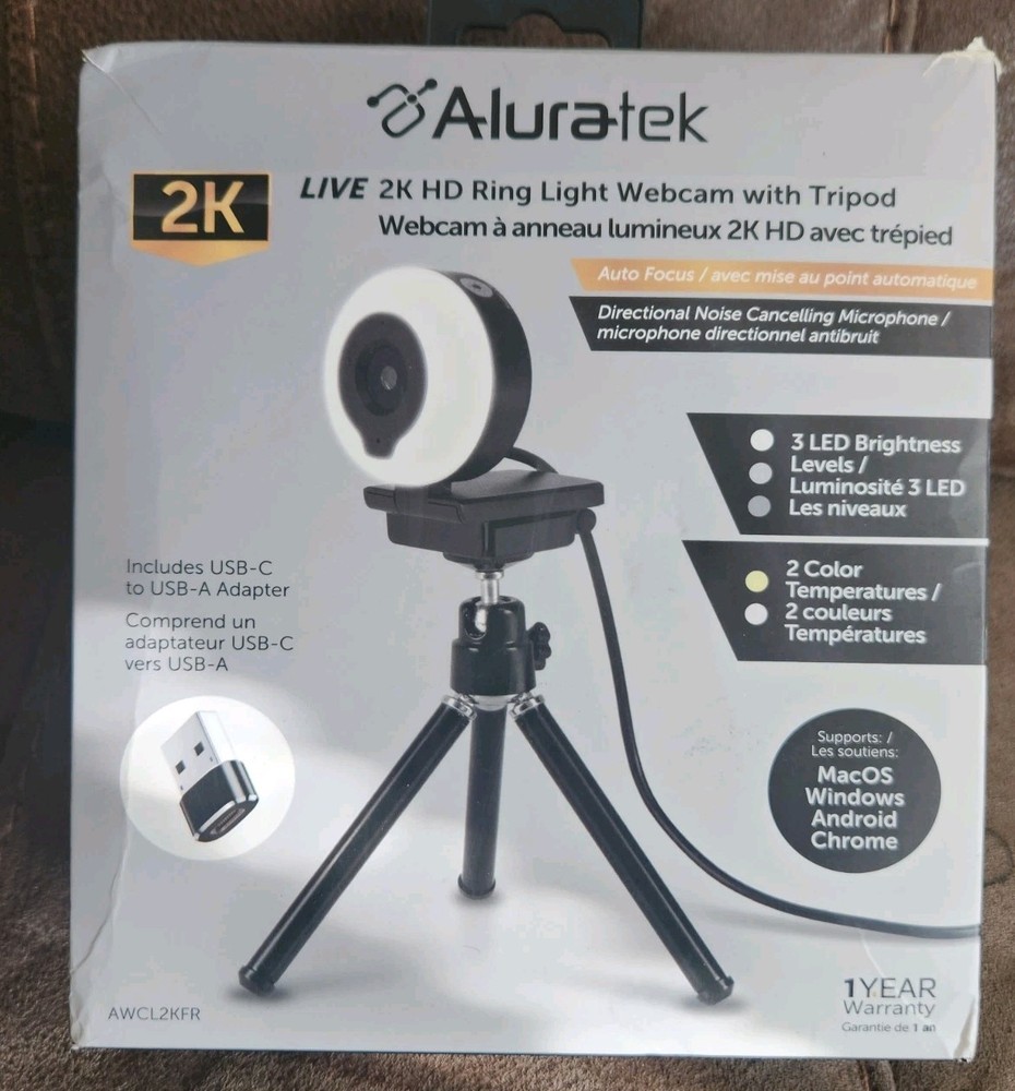 Aluratek LIVE 2K HD Ring Light Webcam with Tripod