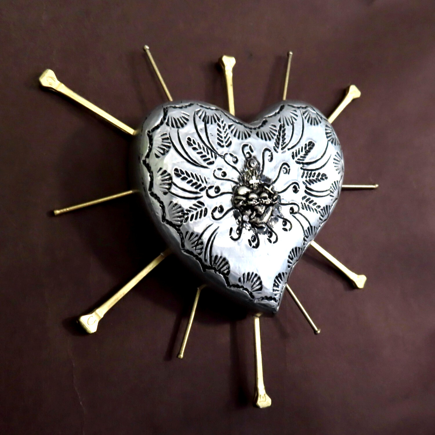 Milagros Sacred Heart Nails Wood Silver Embossed Handmade Mexican Folk Art 6H