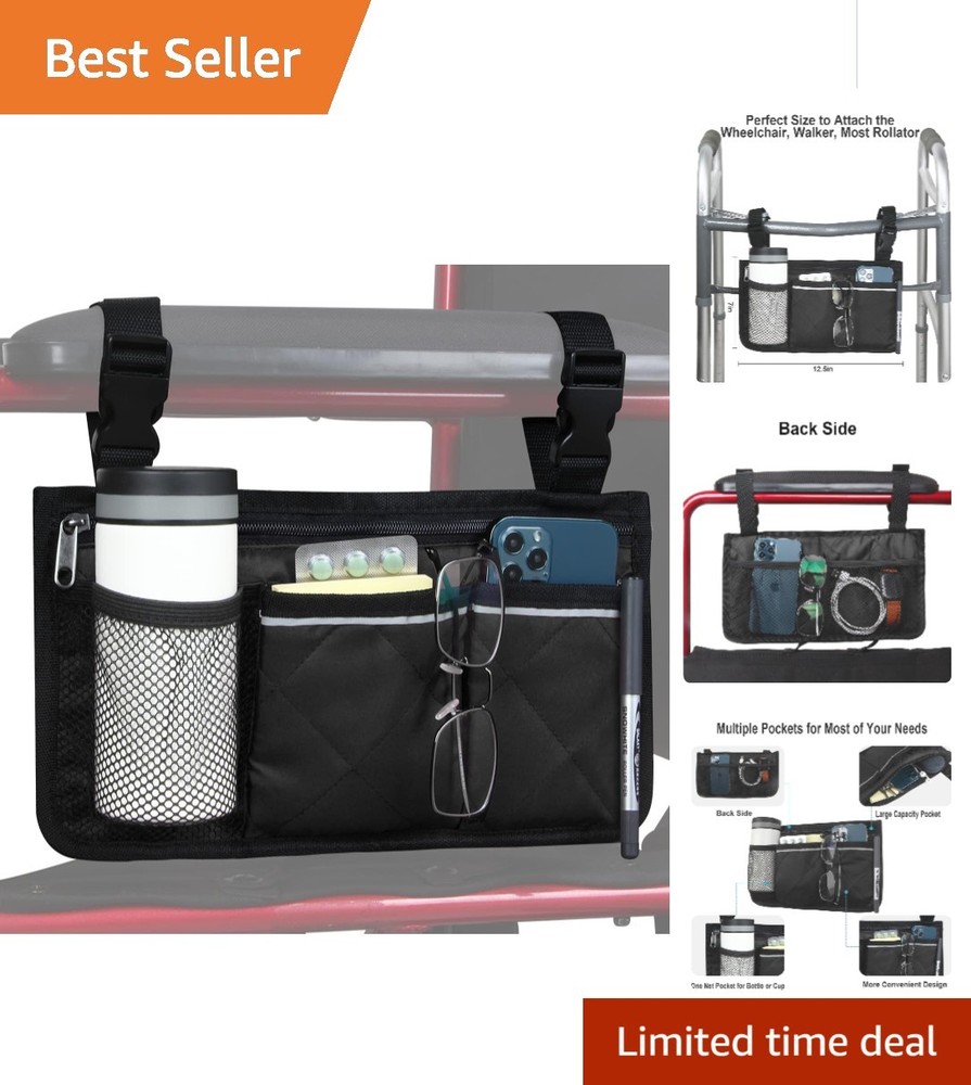 Versatile Wheelchair Side Bag with Safety Reflector & Effortless Accessibility