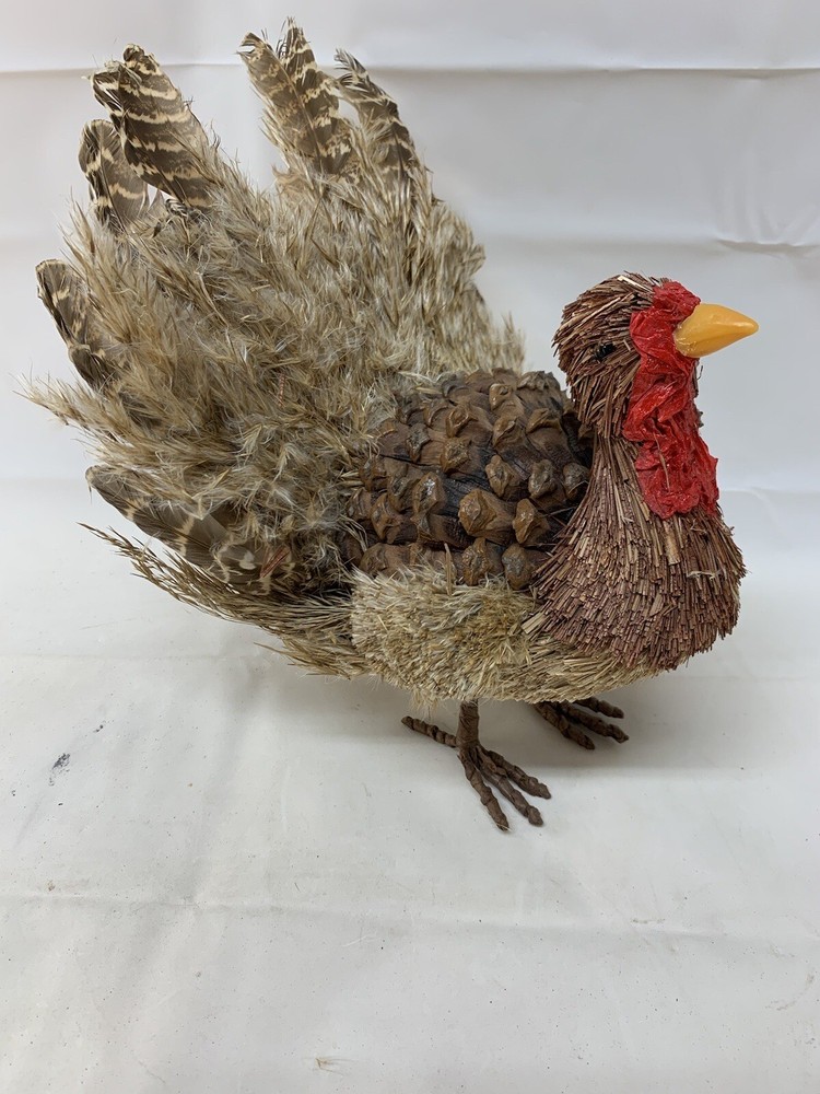 10” Natural Materials Turkey Statue Pinecone Feathers Rustic Thanksgiving Décor
