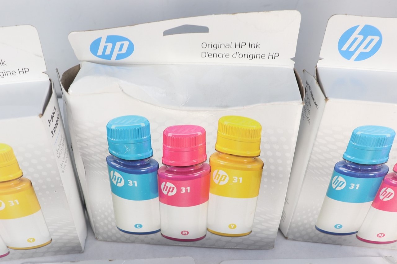 Lot 5 HP 31 Cyan, Magenta, Yellow Ink 3-Pk Bottles Exp. 04/26 & 05/26 Box Damage