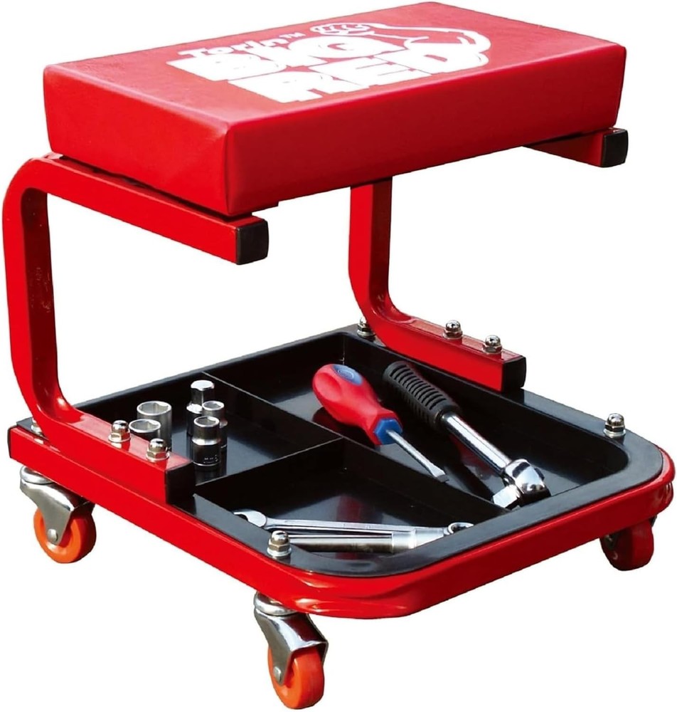 Torin Medium Red Rolling Creeper Stool - Padded Seat, Easy Mobility, Tool Tray