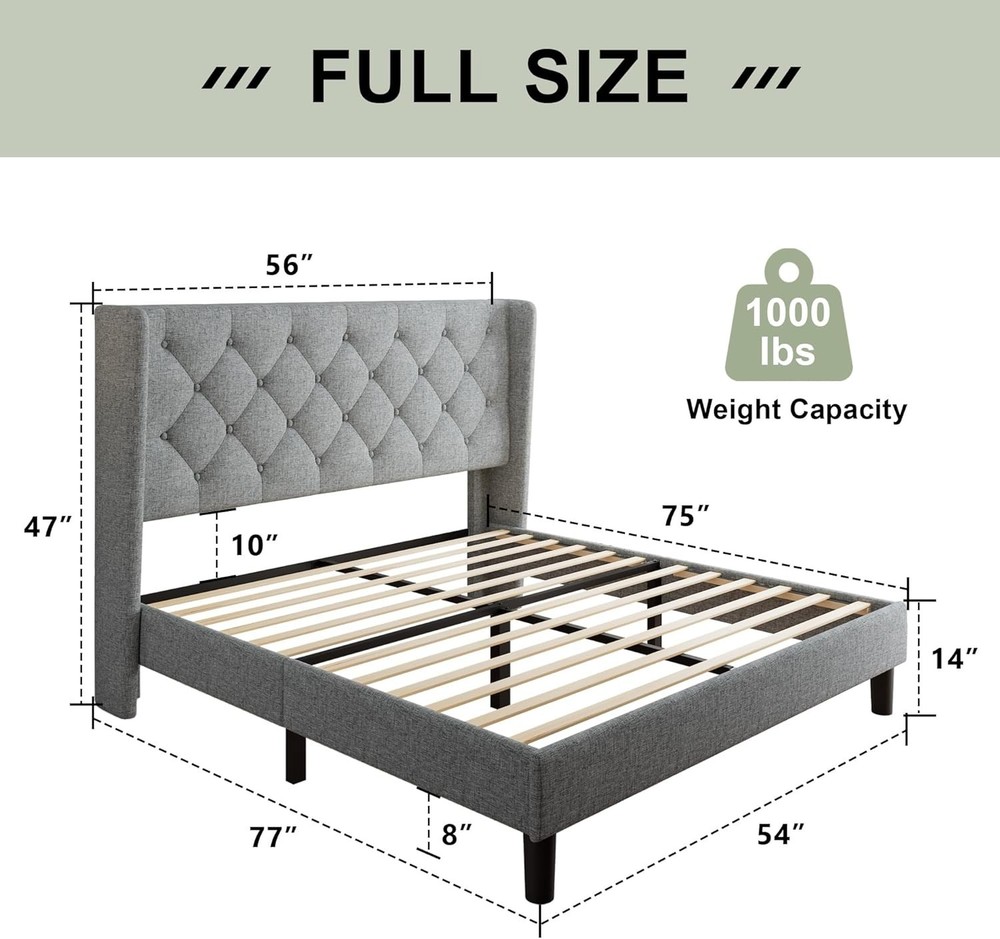 Stylish Full Size Bed Frame with Upholstered Wingback Headboard - Light Gray