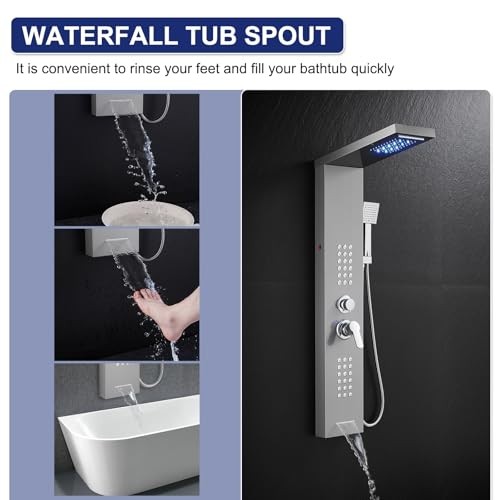 LED Shower Panel Tower System, Rainfall Waterfall 5 Modes-Brushed-2 Jets