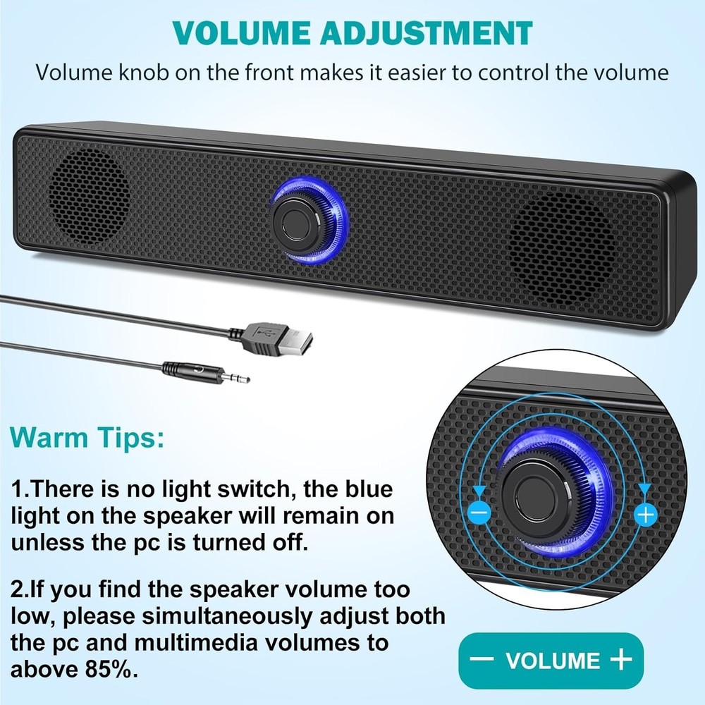 USB-A Powered Wired Stereo Speakers for Computer & Laptop - No Bluetooth