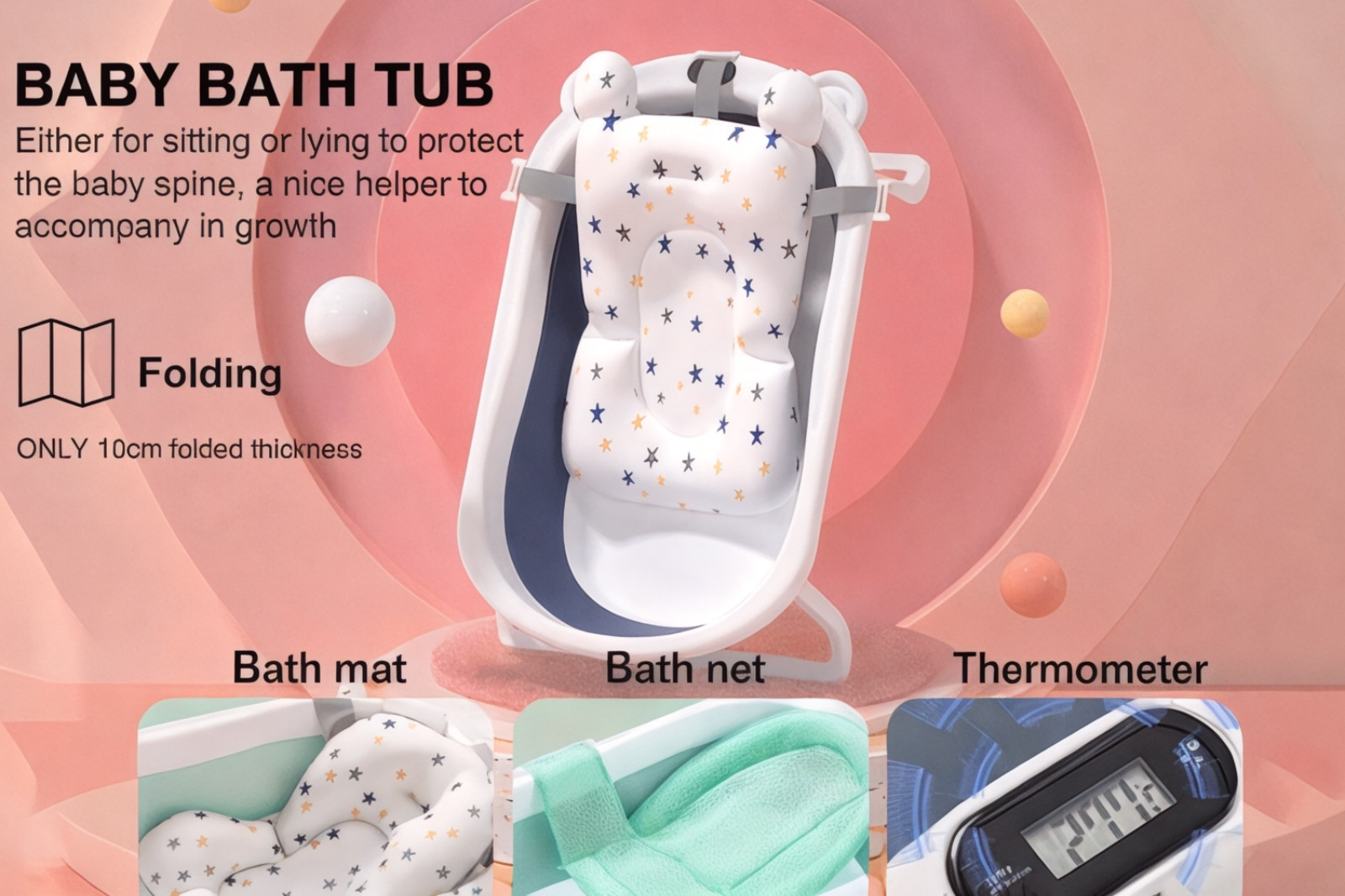 Collapsible Baby Bathtub with Real-Time Thermometer, Foldable Infant to Toddler