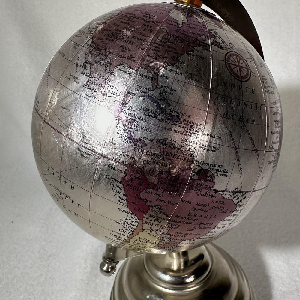 Small 9” Silver Globe Spins On Axis with Base