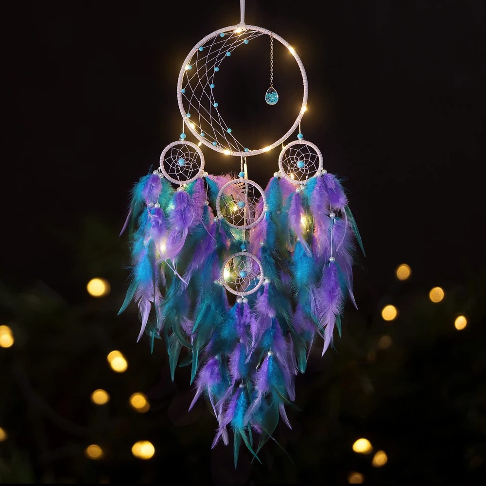 LED Light Up Dream Catcher Half Circle Moon Decor with Lights Handmade Feathe...