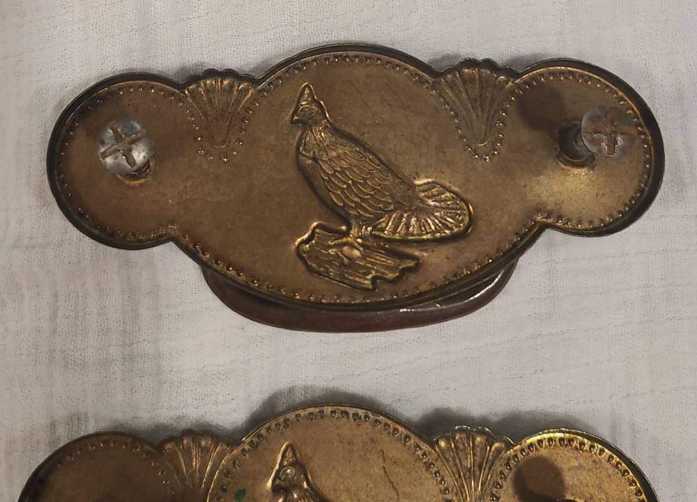 2 Vintage Ornamental Brass Drawer Pulls With Grouse Birds