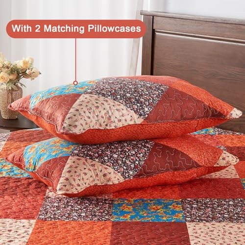 Quilt Bedding Set, 3 Piece Multicolour Patchwork Print Bedspreads Queen Orange