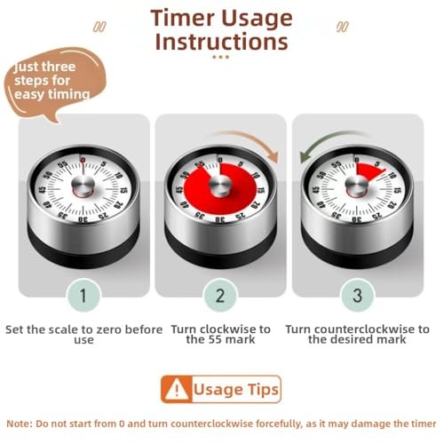 Mechanical Kitchen Timer with Magnetic Back, Visual Time Management Timer for