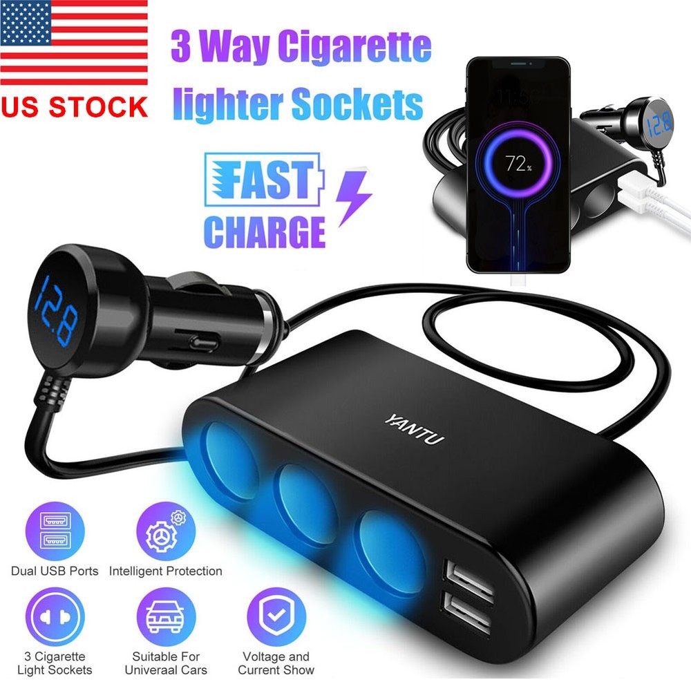 3 Way 12V Car Cigarette Lighter Socket Splitter Dual USB Charger Power Adapter