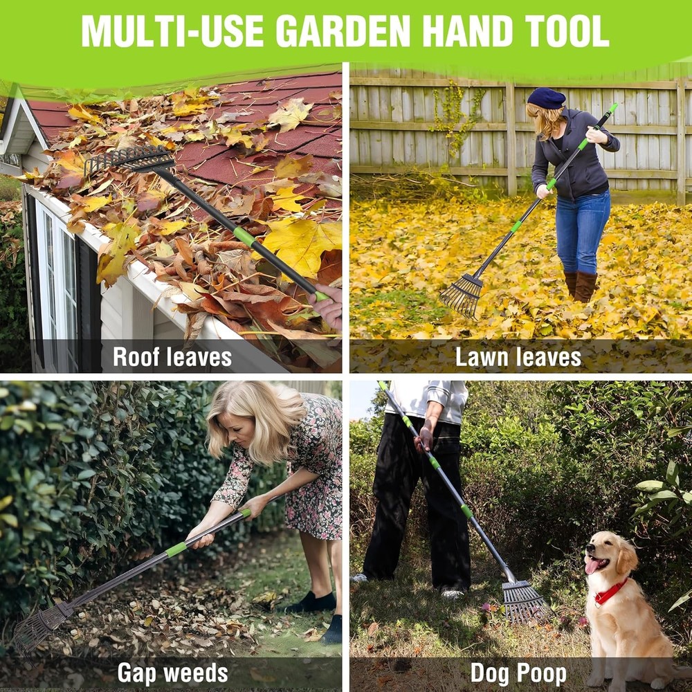 WORKPRO Rake, Small Rake for Leaves with 72” Adjustable Long Green & Black