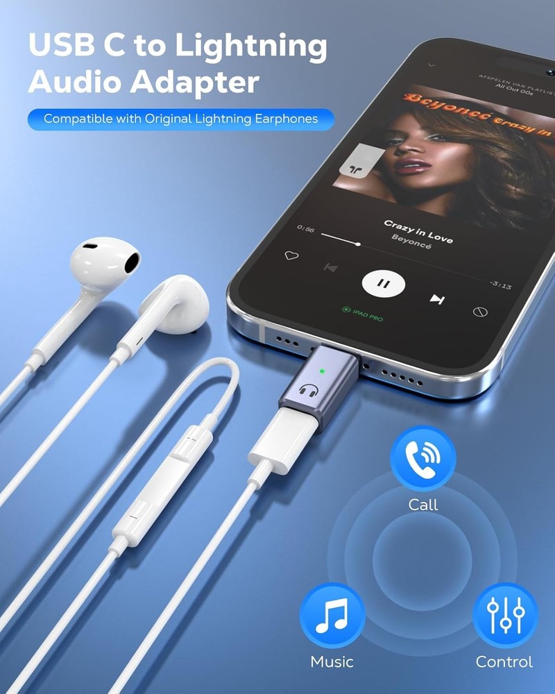 MoKo Lightning to USB C Audio Adapter Support Line Control, 1 Pack, Gray