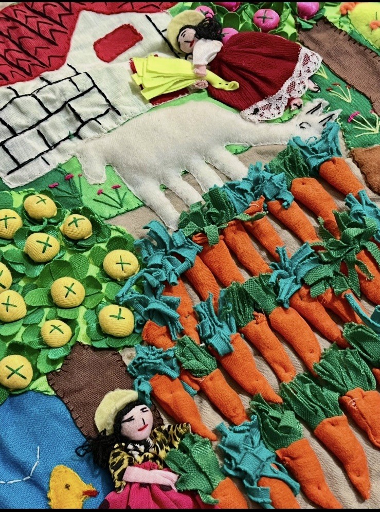 Handmade Peruvian Textile Art Farm Scene Wall Hanging 3D Pink Red Pillow Cover