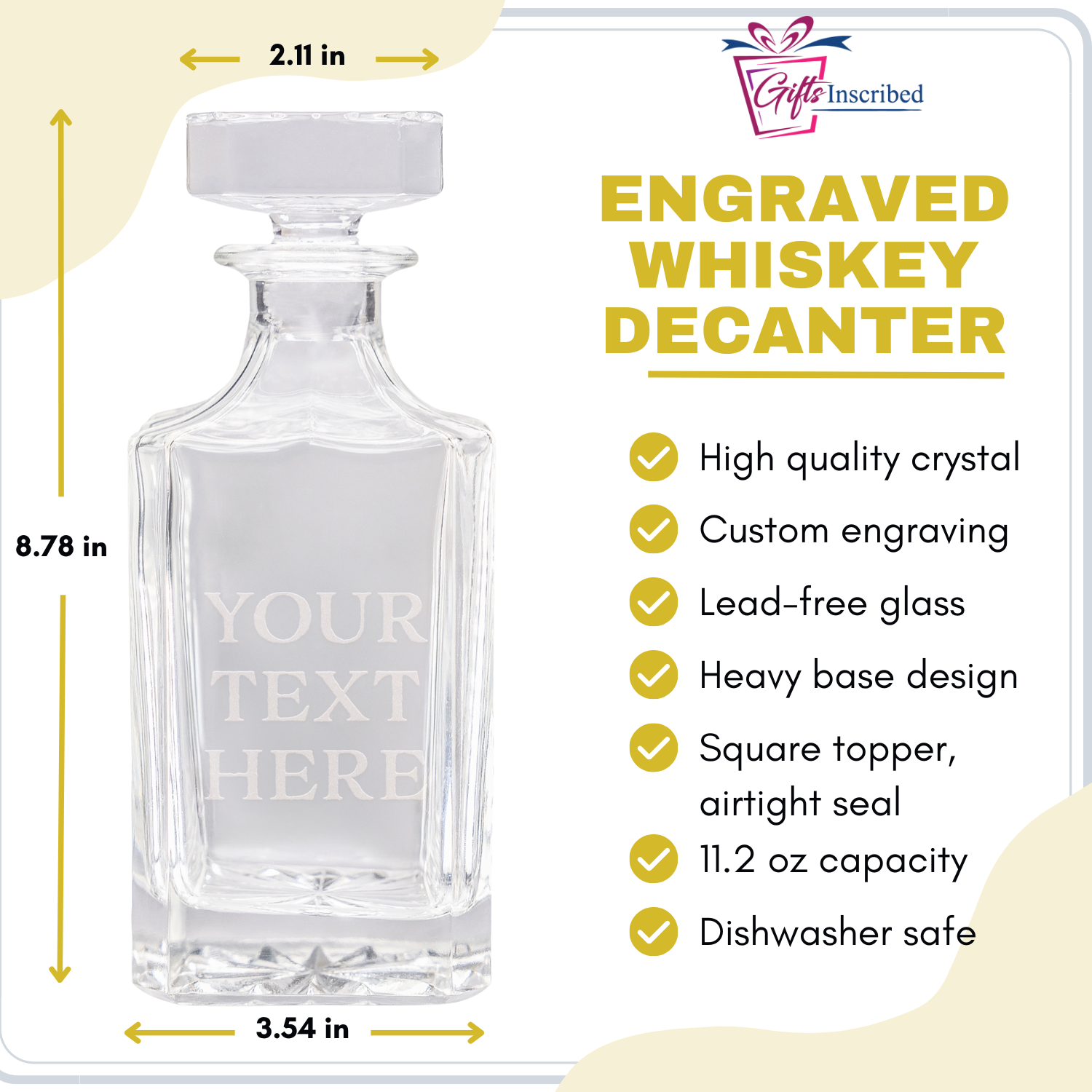 Custom Text Whiskey Decanter & Drinking Glasses Set - Engraved Whisky Glassware