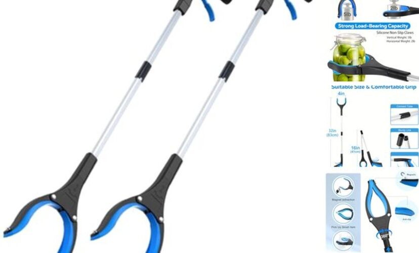 32" Grabber Reacher Tool (2-Pack), Foldable Trash Picker Upper with Blue-2pcs