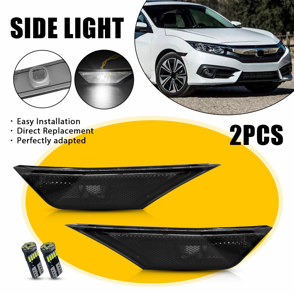 2PC For 2016-2021 Honda Civic Front LED Side Bumper Marker Smoked White LED EOA