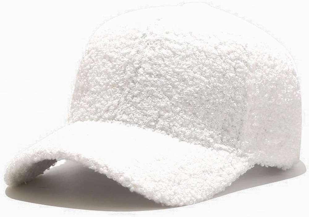 Women Winter Baseball Cap Lamb Wool Warm Dad Hat Adjustable Solid A-white