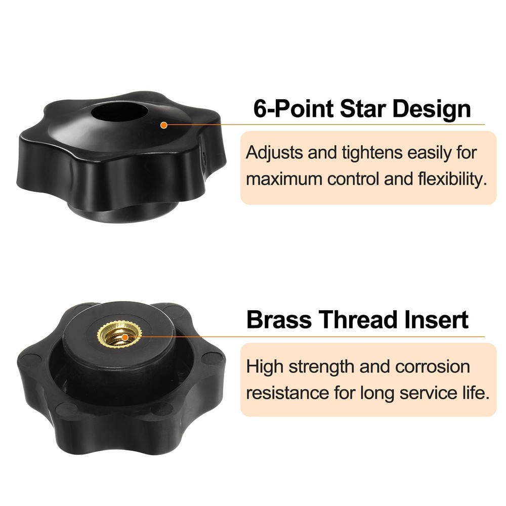 6pcs - Star Knobs 1/4-20 Thread 38mm Head Through Hole Brass Insert Knob Black
