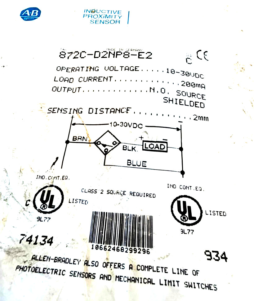 ALLEN BRADLEY 872C-D2NP8-E2 INDUCTIVE PROXIMITY SENSOR 872CD2NP8E2 NEW, SURPLUS