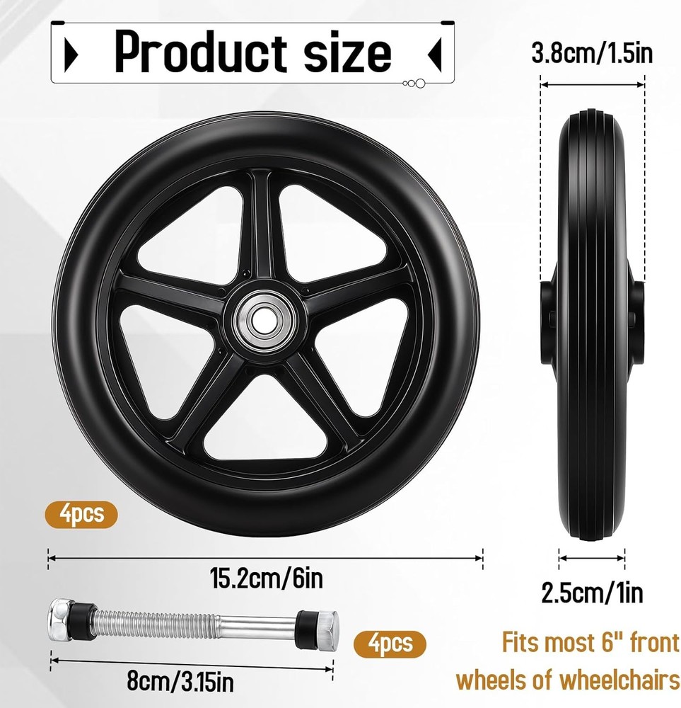 4 Pack 6 Inch Rubber Wheelchair Walker Wheels Solid Front Caster with Axles