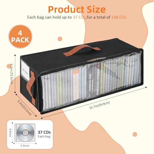 4 Pack CD Storage Box, Stackable CD Case Holder with Front Zippered Clear